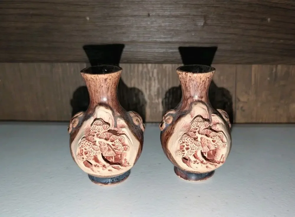 Vintage Japanese Banko Ware Mini Vases Pair Hand Carved 3D Relief Clay Pottery